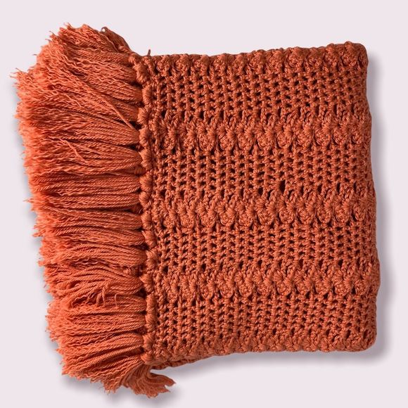 Crochet Afghan Blanket Throw Hand Crafted Salmon Pink Orange Fringe 45 x 39 - Picture 2 of 11